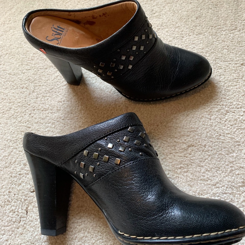Black leather mules